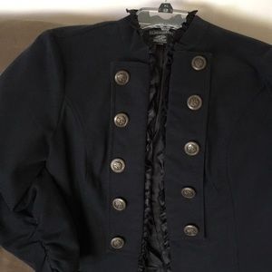 Large black military style jacket with satin trim